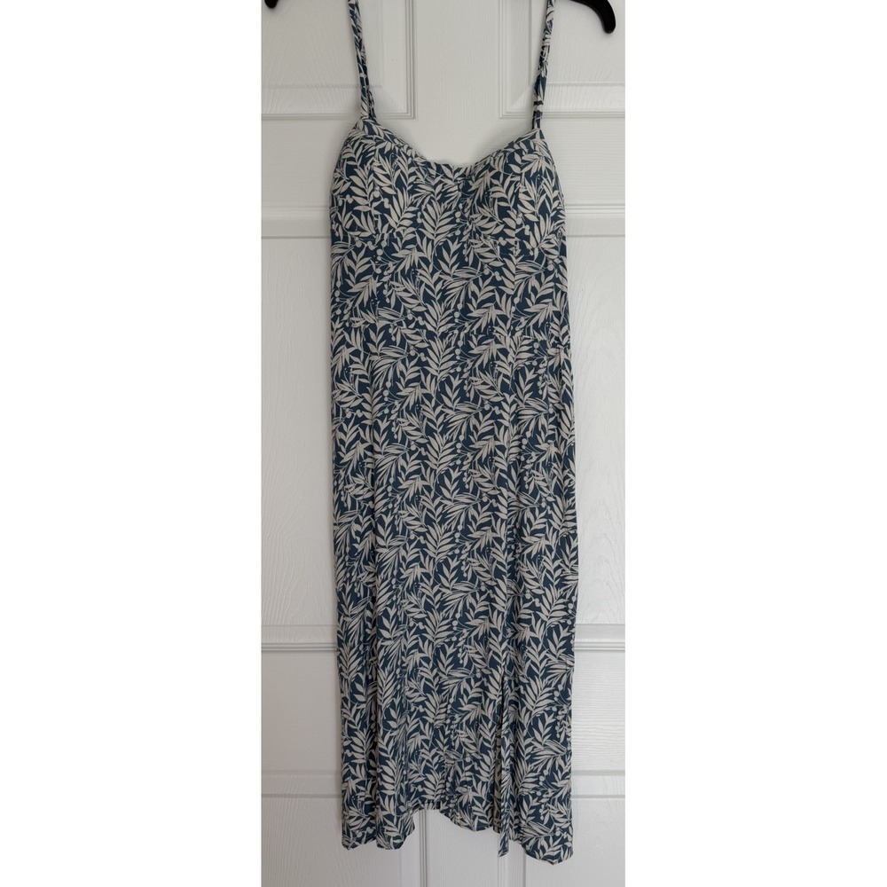 As You Wish Navy Blue White Leaf Print Sun Dress Large Spaghetti Strap Tropical